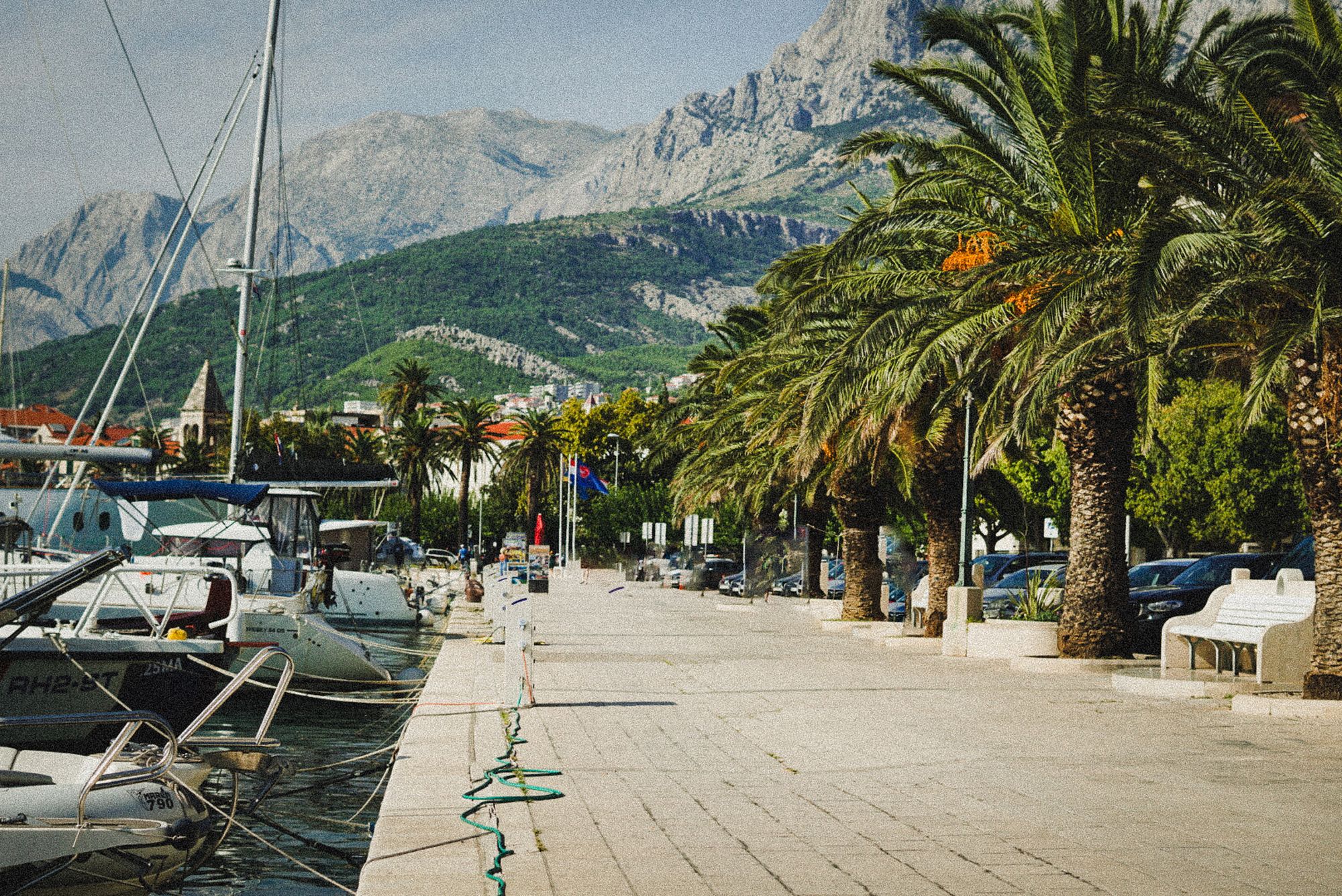Hafenpromenade in Kroatien mit Palmen vor schroffen Bergen